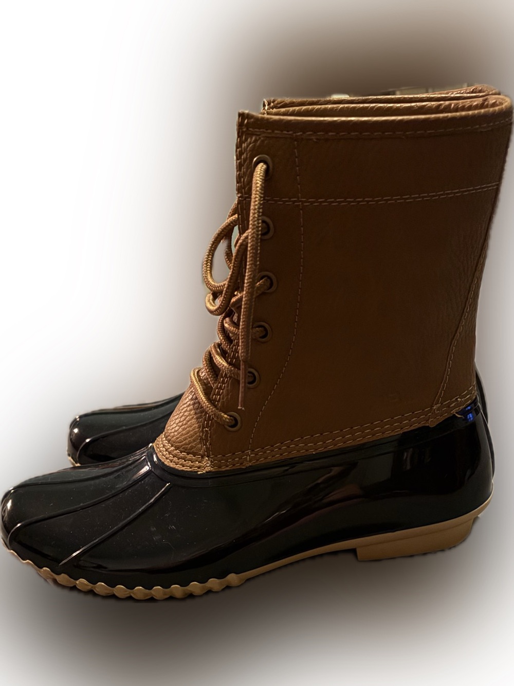 JBU Brown and Black Duck-Style Rain Boots - Women's Lace-Up